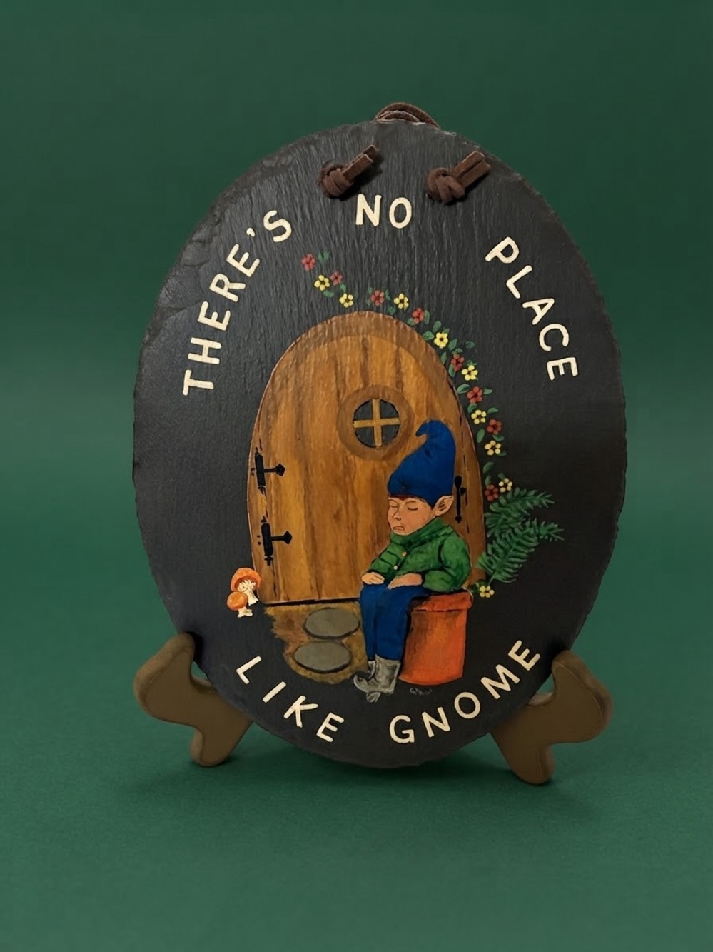 Hand-Painted Slate Wall Plaque "There's No Place Like Gnome" Decor